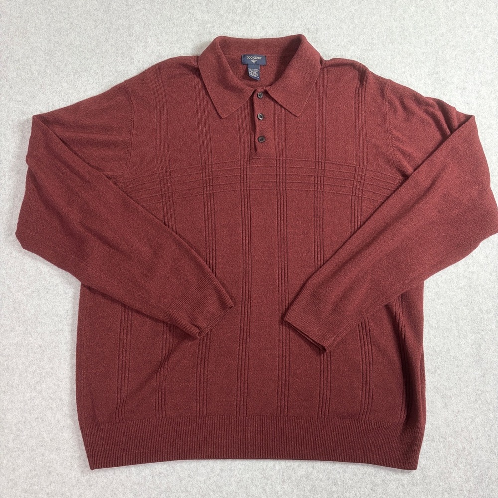Dockers Mens 2XLT Burgundy Long Sleeve Polo Sweater Acrylic Grid Knit Pullover